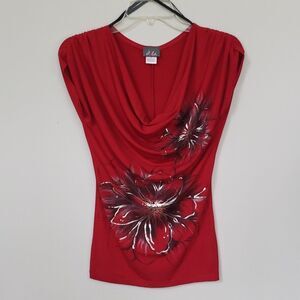 Y2K Dots Blouse Womens S Dark Floral Red Black Silver Cowl Neck Top Fairy Grunge